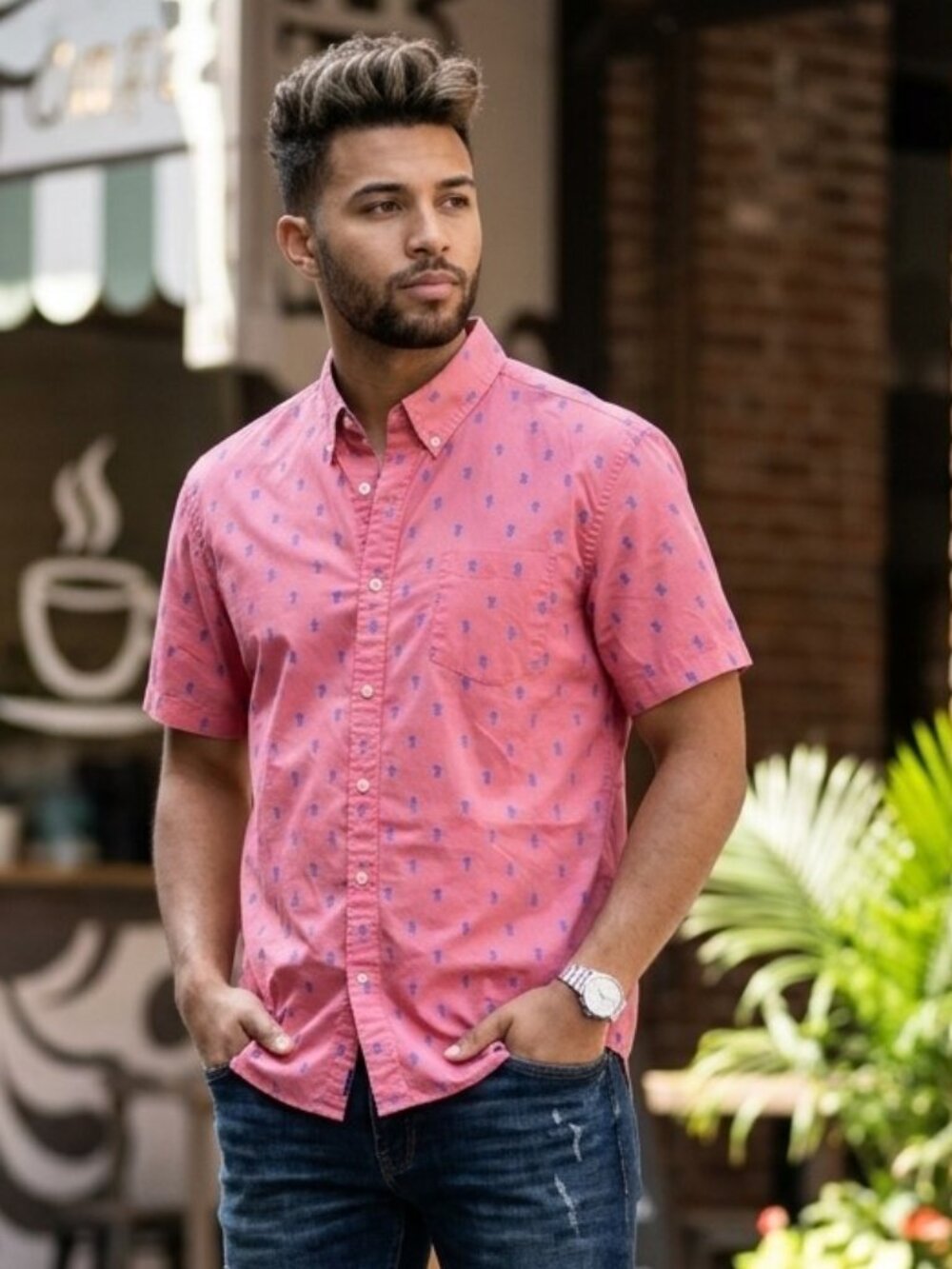 IZOD Coral Pink Short Sleeve Pineapple Print Button Down Shirt XL